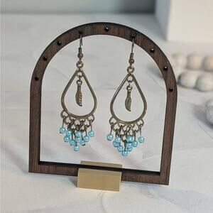 Boho Chic VTG 1980s Bronze-Tone Teardrop Leaf & Blue Beaded Chandelier Earrings